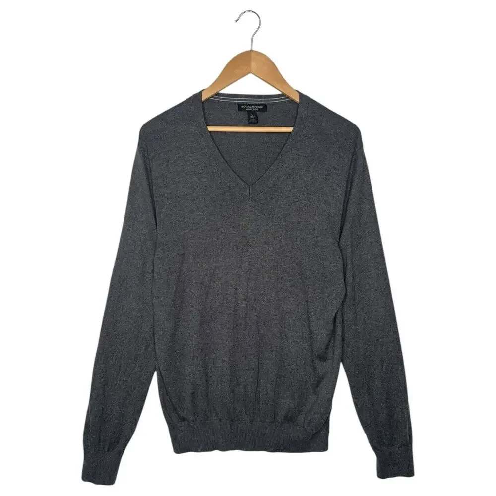 Banana Republic Sweater Mens L Silk Cashmere Luxury Blend V Neck Preppy Gray